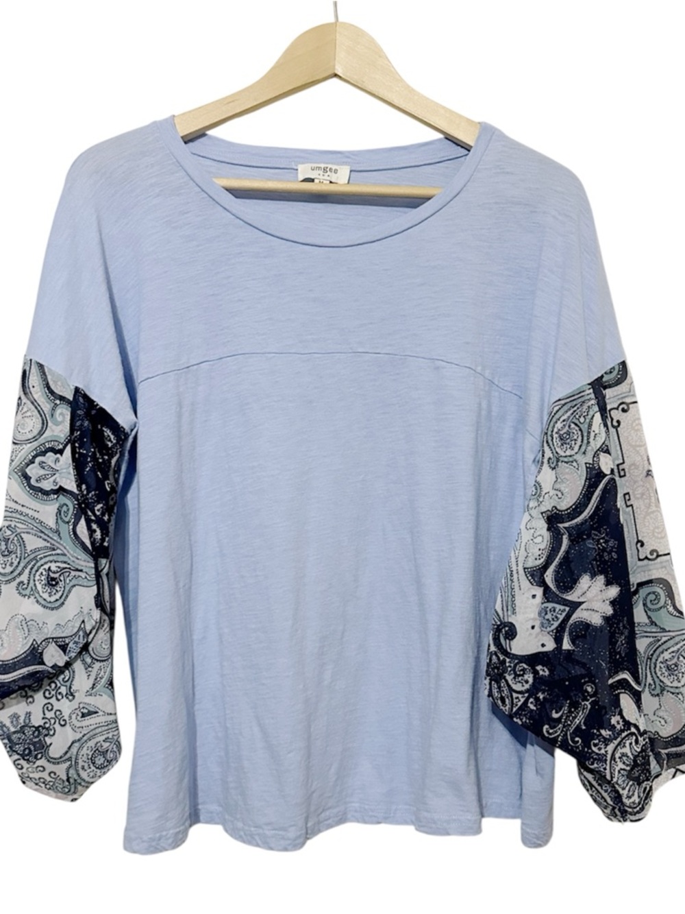 Umgee Paisley Balloon Sleeve Slub Knit Boho Top Blue Cotton Peasant Medium - Picture 2 of 6